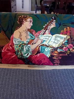 Handmade vintage embroidery with girl playing guitar and book, like new