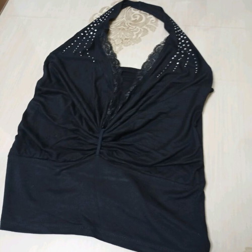 Caramella black elastic halter top with lace and rhinestones like new