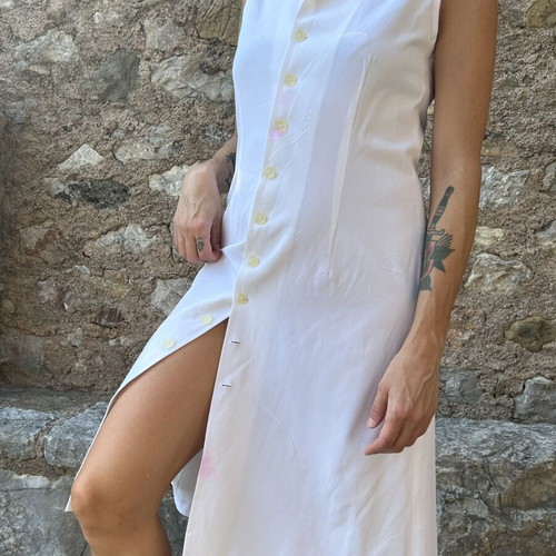 Vintage white sleeveless dress with collar and buttons, size M