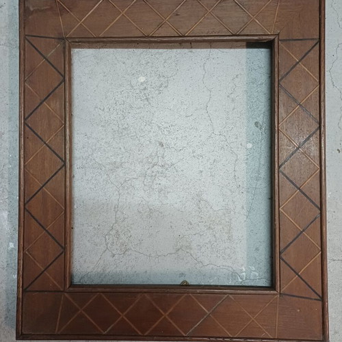 Handmade wooden frame with geometric marquetry design, like new