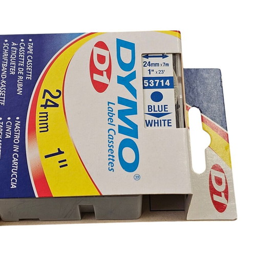 Label tape 24mm blue print on white background new
