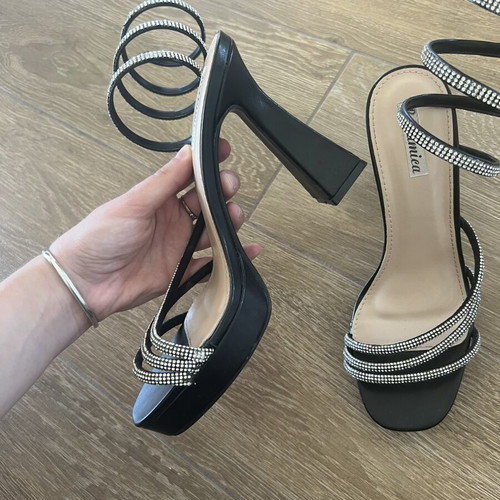 Famous Shoes high heel sandals with rhinestones, used, size 40, black