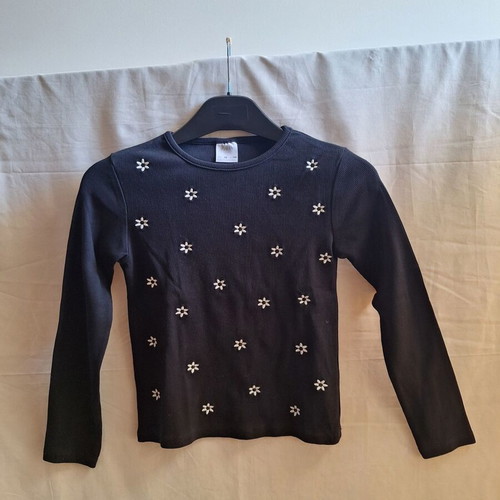 Zara Kids embroidered black ribbed long sleeve top, size 10