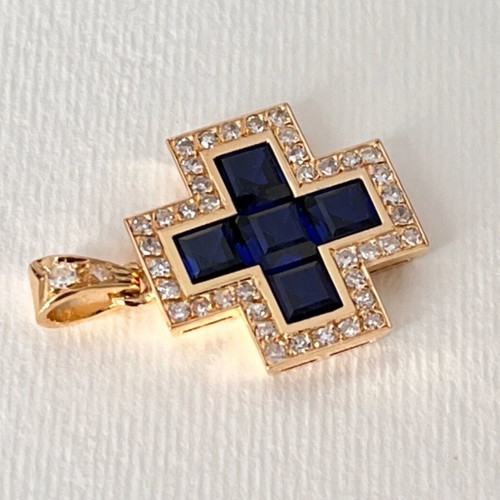 Gold cross k18 like new with diamonds and sapphires