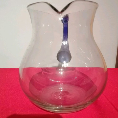 Vintage crystal pitcher with handmade cobalt blue handle, like new