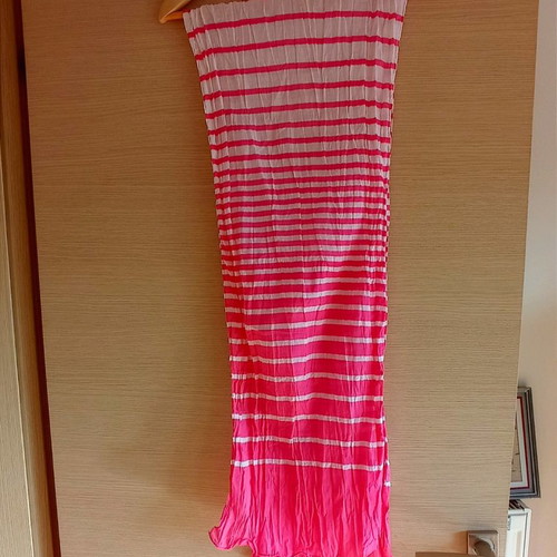 Long cotton striped scarf used, 180x30 cm, crinkled pink white