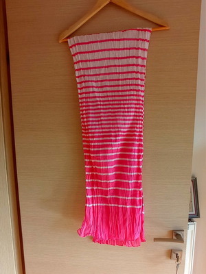 Long cotton striped scarf used, 180x30 cm, crinkled pink white
