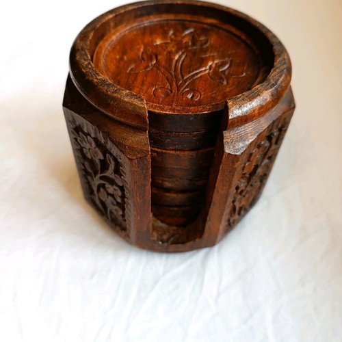 Wooden carved coasters used with holder, handmade from Kythera