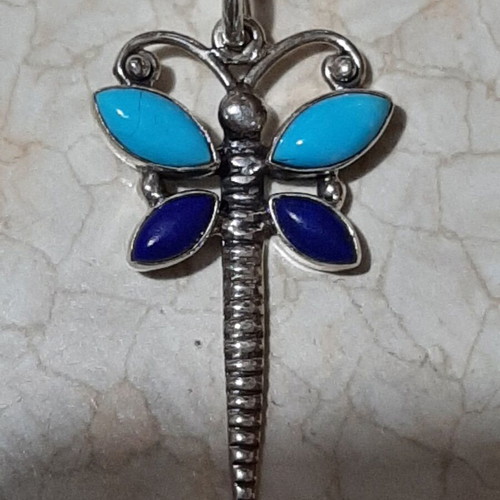 Dragonfly pendant sterling silver 925 with lapis lazuli and authentic turquoise new