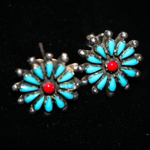 Earrings genuine turquoise and coral 925 sterling silver Navajo Indian new