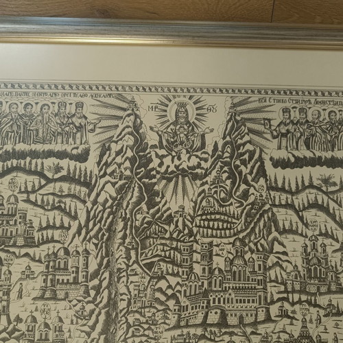 Framed reproduction of old Athos map print used