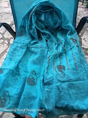 Cotton scarf used blue with brown shell patterns and gold thread