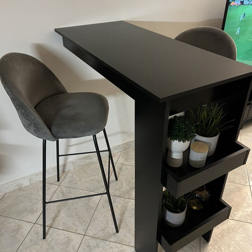 Black wall-mounted bar table with side shelves