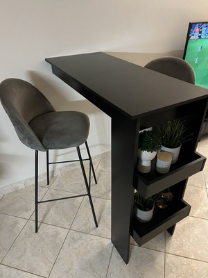 Black wall-mounted bar table with side shelves