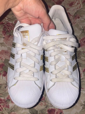 Adidas Superstar athletic shoes used, white and gold, size 38