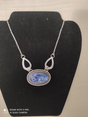 Silver Necklace with Lapis Lazuli and Pearl, New, 48 cm chain
