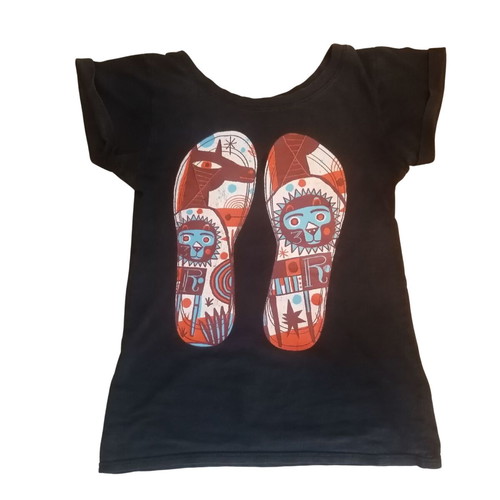 Y2K Skater Tee used, colorful boho print, black cotton, S-M