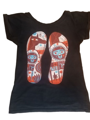 Y2K Skater Tee used, colorful boho print, black cotton, S-M