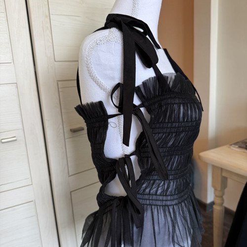 Monki Tulle Top like new with decorative bows, black