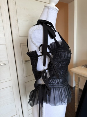 Monki Tulle Top like new with decorative bows, black