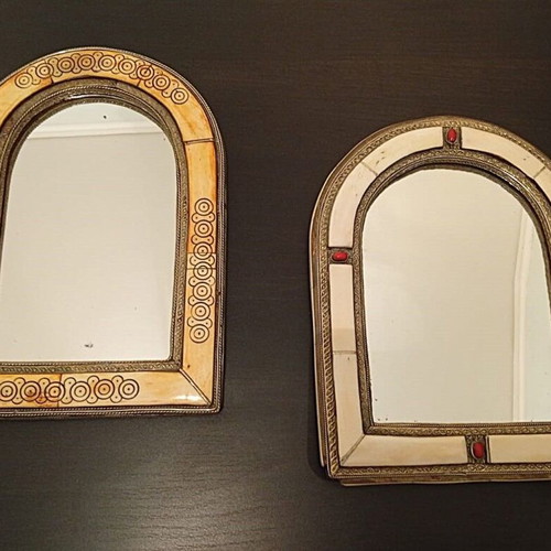 Vintage Moroccan mirror pair used, mid-century camel bone inlay