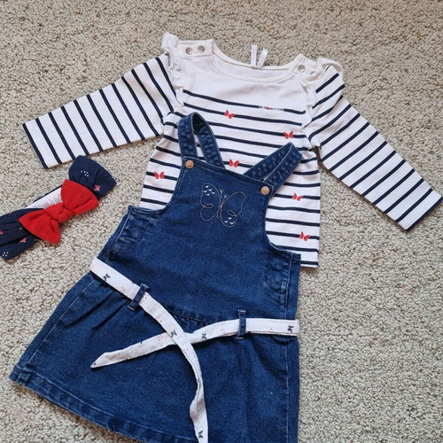 Orchestra Set baby clothing with salopette, blouse, and 72cm ribbon new