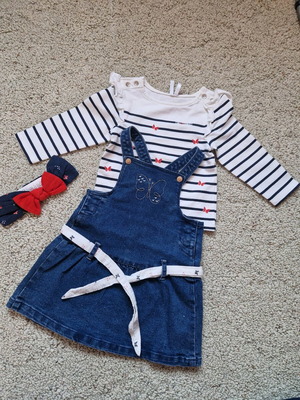 Orchestra Set baby clothing with salopette, blouse, and 72cm ribbon new