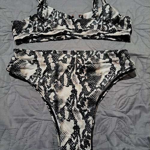 Bikini set high-waisted snake skin used, Push Up, black and beige