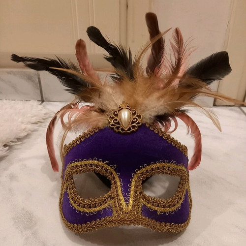 Venetian mask new purple velvet with feathers and headband