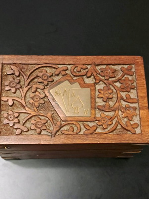 Vintage handmade wooden case for 2 decks used with carving and brass