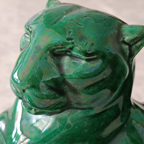 Vintage Art Déco ceramic panther figurine with green enamel, like new