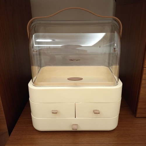Cosmetics Organizer new with transparent cover and drawers, beige and brown