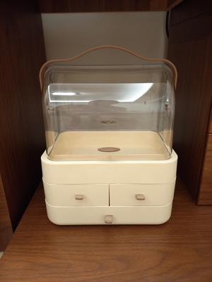 Cosmetics Organizer new with transparent cover and drawers, beige and brown