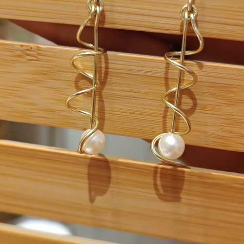 Gold pearl spiral earrings handmade from scratch