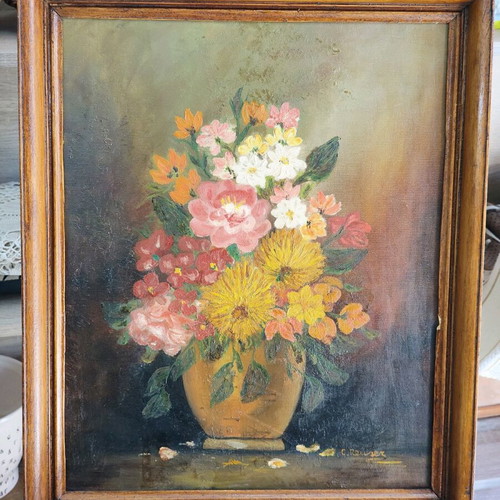 Vintage oil painting on canvas used, vase with colorful bouquet