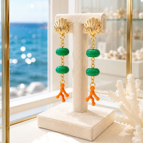 Handmade Long Earrings with Metal Shell, Coral Beads, and Steel Studs