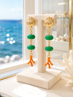Handmade Long Earrings with Metal Shell, Coral Beads, and Steel Studs