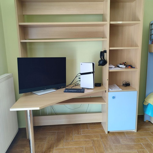 Bunk bed with three mattresses used, includes desk and drawers