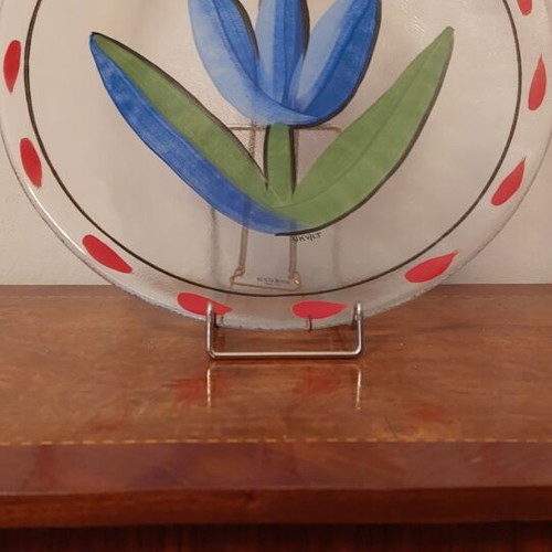 Kosta Boda Tulipa Blue Glass Platter like new, handpainted design