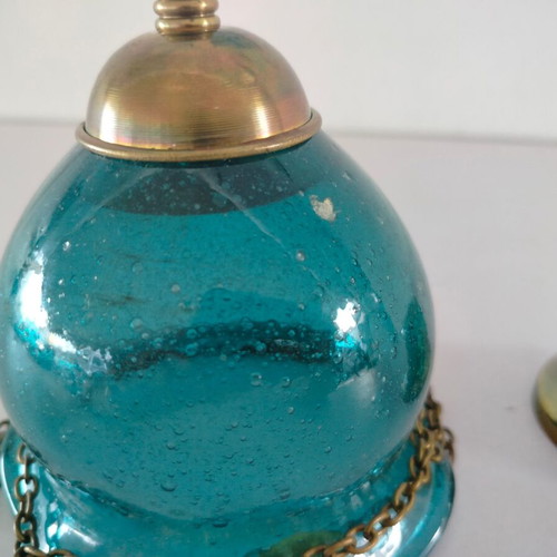 Hanging Oil Lamp Used, Free Blown Glass with Metal Chain
