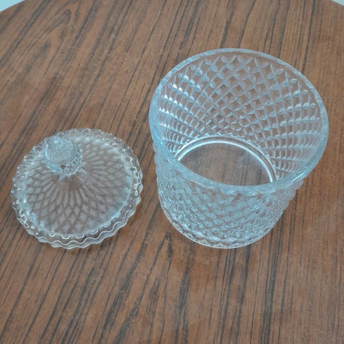 Glass household utensils like new, ice bucket, jar, 2 nut bowls