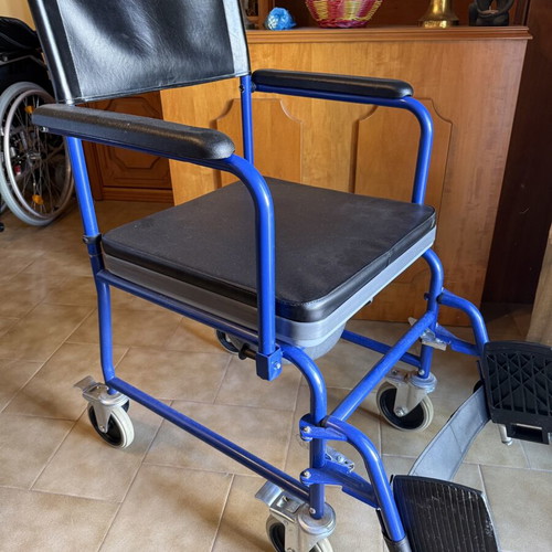 Bathroom wheelchair with bucket and cushion