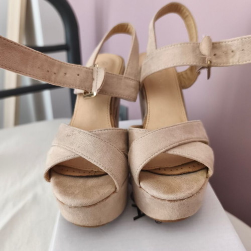 Beige suede sandals size 36 used with thick heel and ankle strap
