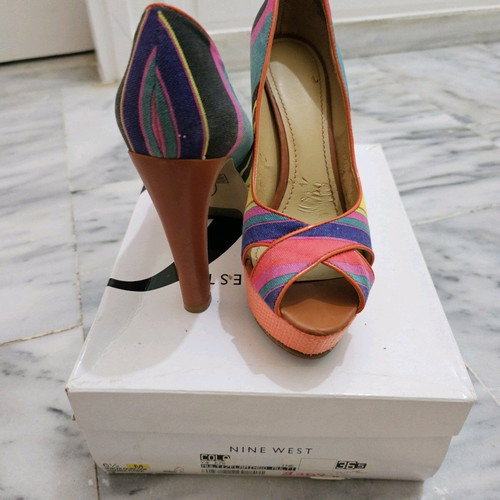 Nine West Peep Toe Colorful Pumps Used with Tan 12cm Heel