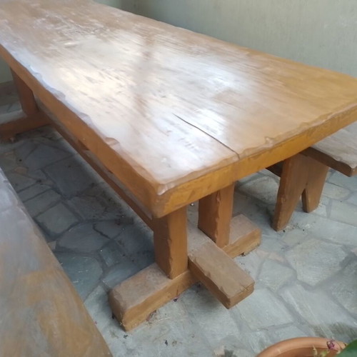 Monastic handmade solid wood table with benches