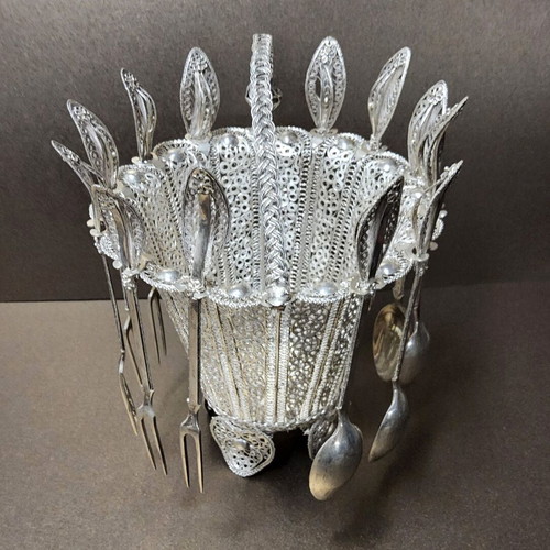 Silver Filigree Sweet Container Set like new, with spoons and forks
