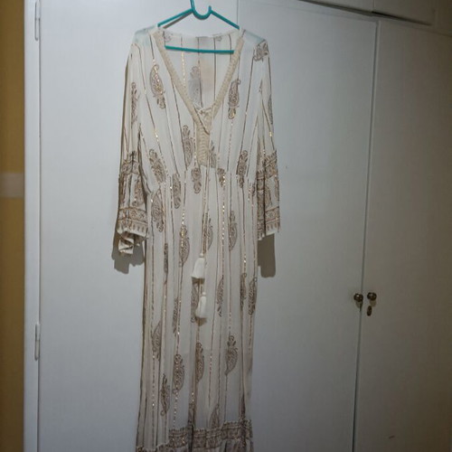 Boho dress white with gold stripes new