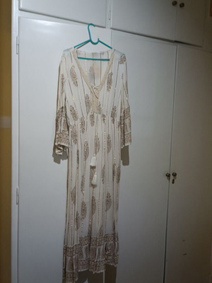 Boho dress white with gold stripes new