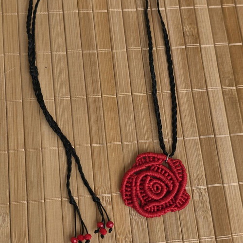 Macrame necklace handmade with red rose and adjustable black cord
