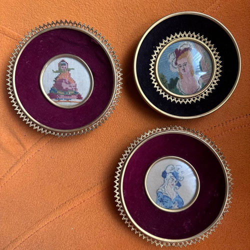 Needlepoint portraits set vintage, brass ornate frames, rococo style
